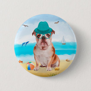 Macaron Rond 5 Cm Bulldog anglais sur la plage