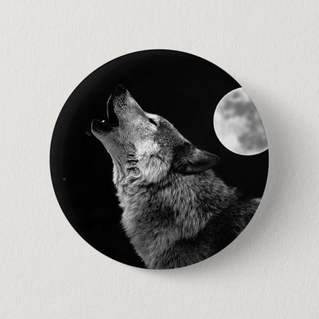 Macaron Rond 5 Cm BW Wolf Howling at Moon (Devant)