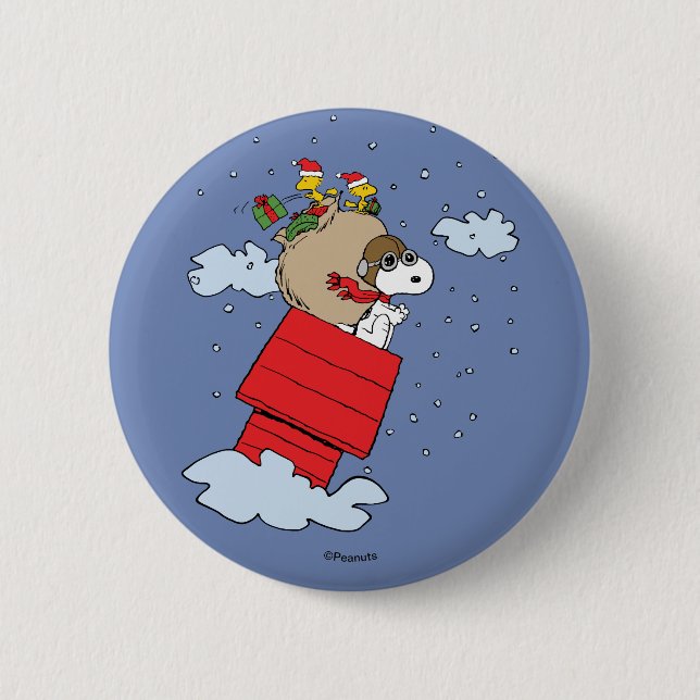 Macaron Rond 5 Cm cacahuètes | Snoopy l'As Volant à Noël (Devant)