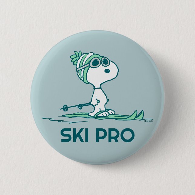 Macaron Rond 5 Cm cacahuètes | Snoopy sur Skis (Devant)