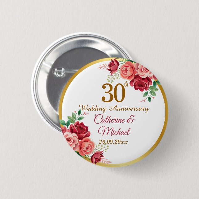 Macaron Rond 5 Cm Cadre floral doré pour 30e anniversaire de mariage (Devant & derrière)