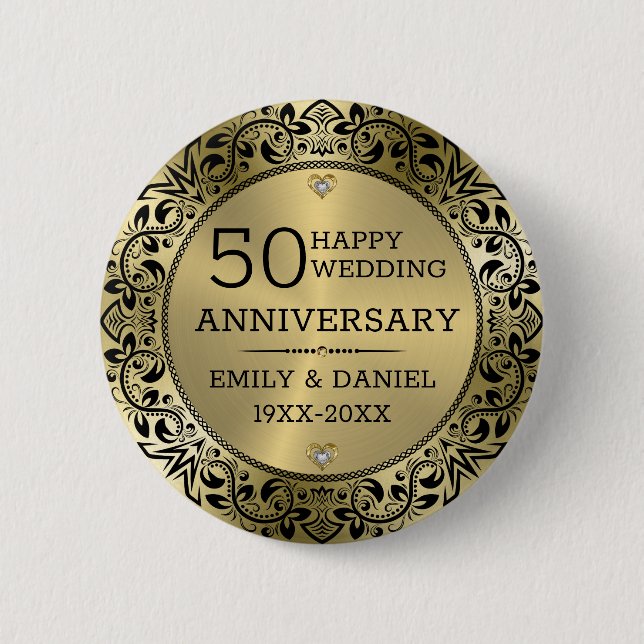 Macaron Rond 5 Cm Cadre tourbillonnant noir 50e anniversaire mariage (Devant)