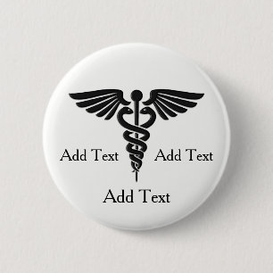 Macaron Rond 5 Cm Caduceus Médicale 3 lignes Texte personnalisé