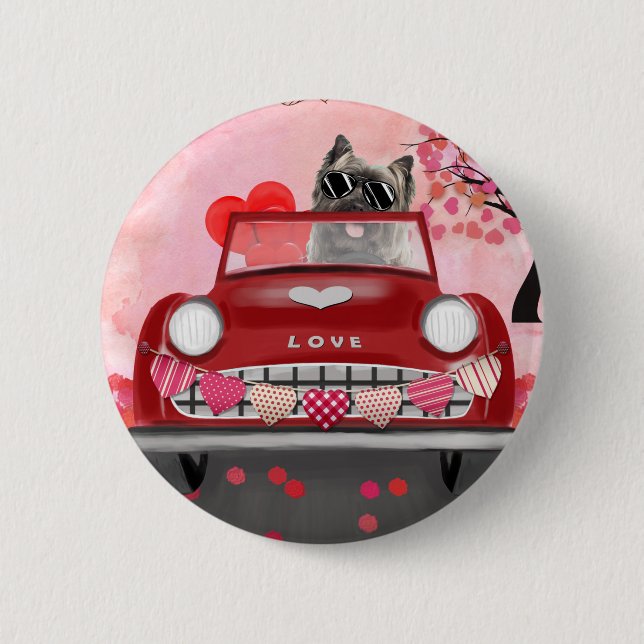 Macaron Rond 5 Cm Cairn Terrier voiture avec coeur Valentine's (Devant)