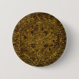 Macaron Rond 5 Cm Calendrier de pierre solaire aztèque vieilli