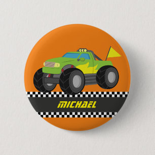Macaron Rond 5 Cm Camion monstre vert de course Cool pour garçons co