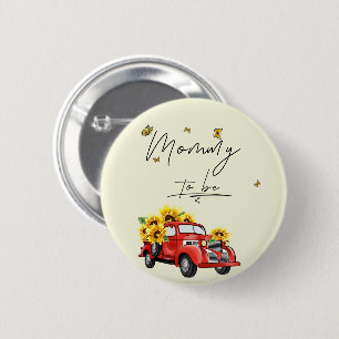 Macaron Rond 5 Cm Camion Rouge Vintage avec Tournesol Maman à Venir
