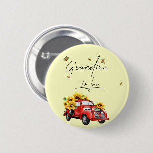 Macaron Rond 5 Cm Camion Rouge Vintage avec Tournesols Futur Mamie