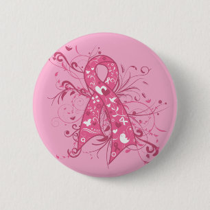 Macaron Rond 5 Cm Cancer du sein Pink Floral Ribbon Swirl