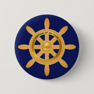 Macaron Rond 5 Cm Capitaine de marine, chef de navire d'or sur bleu 