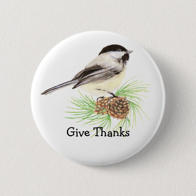 Macaron Rond 5 Cm Capped Black Chickadee Bird "Donner Merci" Citatio (Devant)