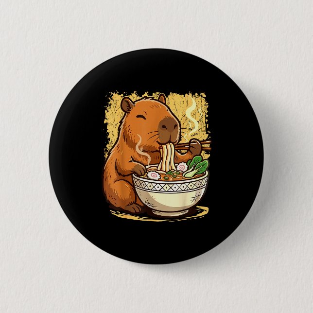 Macaron Rond 5 Cm Capybara Eating Ramen Noodles  (Devant)