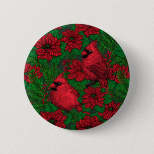 Macaron Rond 5 Cm Cardinaux et poinsettia pour Noël