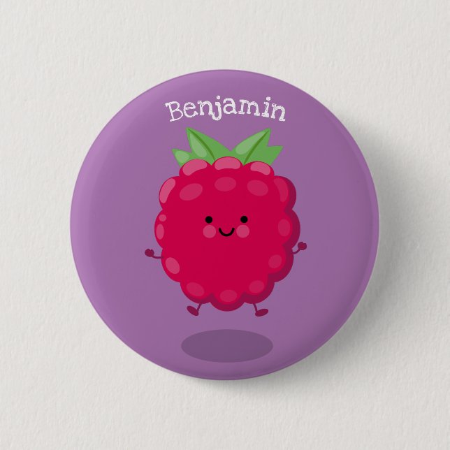 Macaron Rond 5 Cm Caricature de framboise très heureuse (Devant)