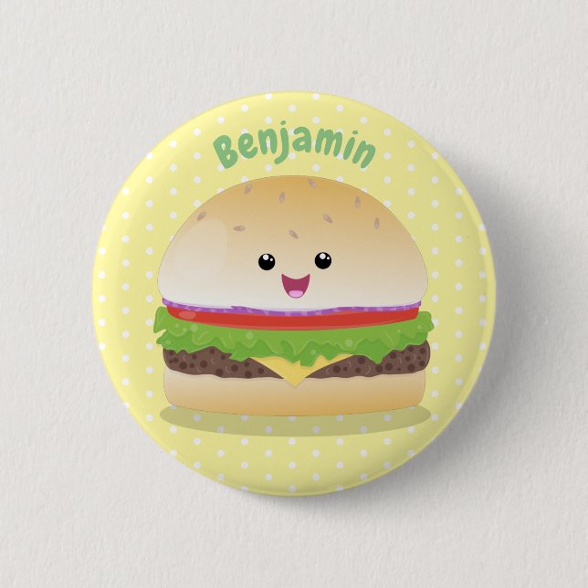 Macaron Rond 5 Cm Caricature de hamburger kawaii joyeux (Devant)