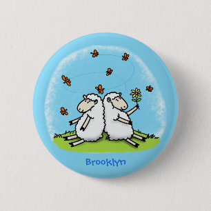 Macaron Rond 5 Cm Caricature de moutons mignons amis et papillons