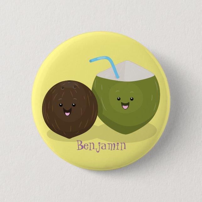 Macaron Rond 5 Cm Caricature de noix de coco kawaii joyeux (Devant)