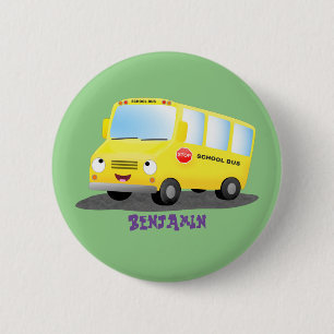 Macaron Rond 5 Cm Caricature du bus scolaire jaune joyeux