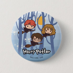 Macaron Rond 5 Cm Caricature Harry, Ron, & Hermione Voler Dans Woods