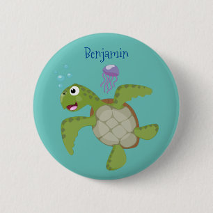 Macaron Rond 5 Cm Caricature joyeuse de tortue de mer verte mignonne