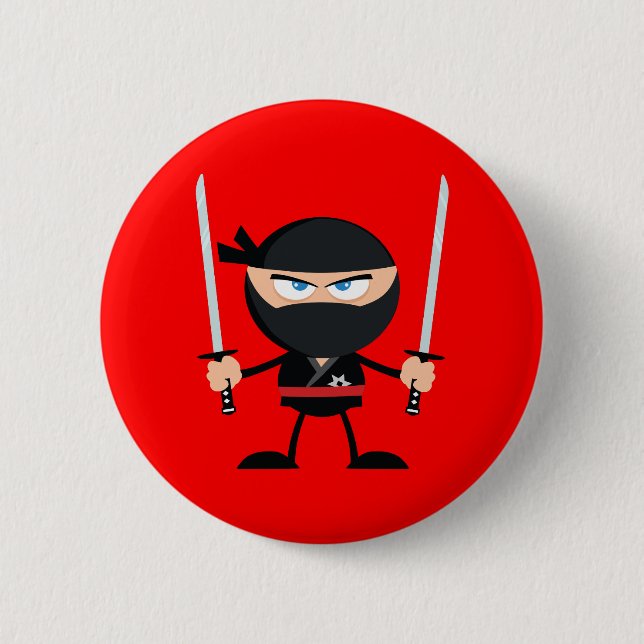 Macaron Rond 5 Cm Caricature rouge Ninja Guerrier avec deux Katana (Devant)