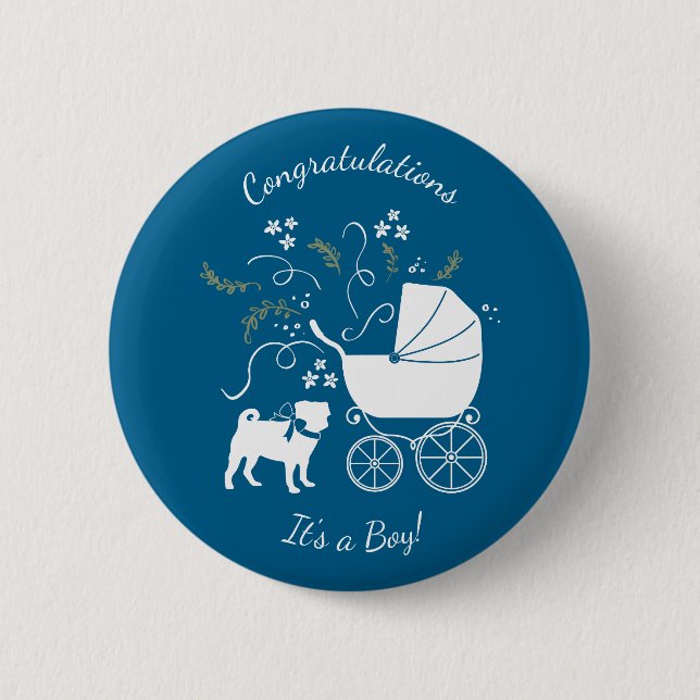 Macaron Rond 5 Cm Carlin Chien Baby shower Garçon Bleu avec Bow (Devant)