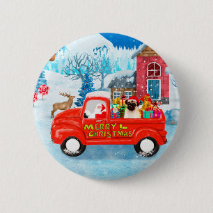 Macaron Rond 5 Cm Carlin Chien Livraison de Noël Camion Neige