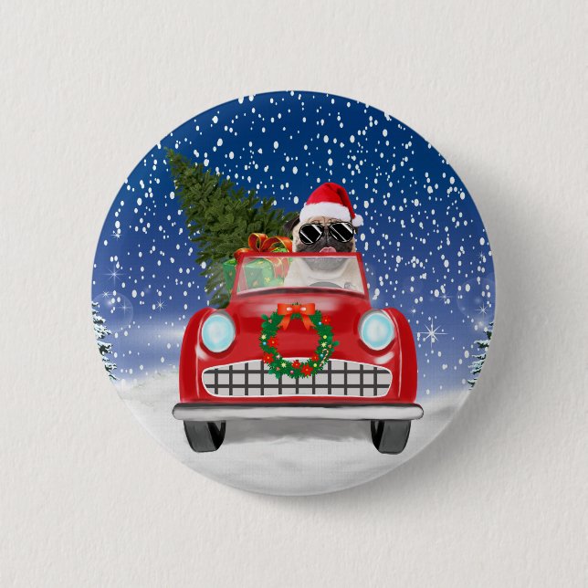 Macaron Rond 5 Cm Carlin Chien Voiture De Conduite En Neige Noël (Devant)
