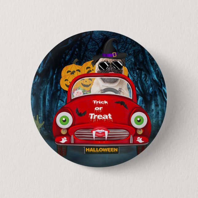 Macaron Rond 5 Cm Carlin Chien voiture voiture effrayant Halloween (Devant)