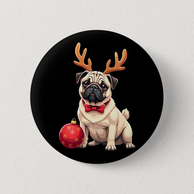Macaron Rond 5 Cm Carlin Dog Reindeer Xmas Amoureux des chiens Funny (Devant)