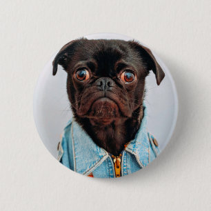 Macaron Rond 5 Cm Carlin en Denim Jackey Cute Adorable Chien Chien C