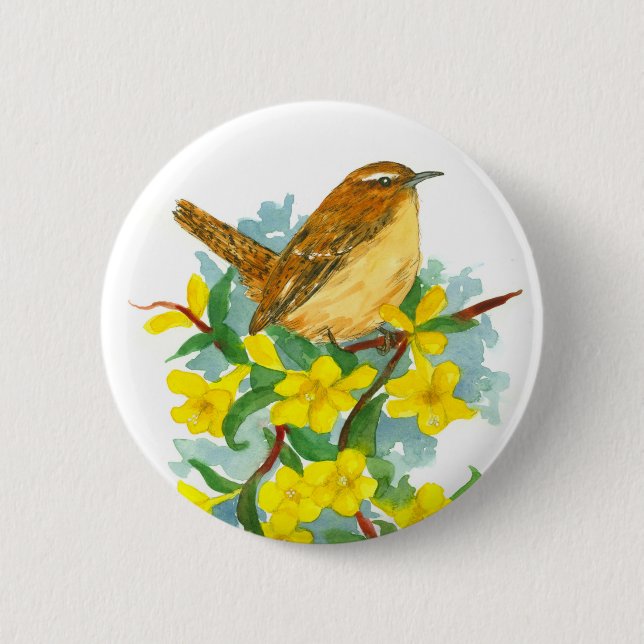 Macaron Rond 5 Cm Carolina Fleurs Jessamine Jaune Jaune Wren Bird (Devant)