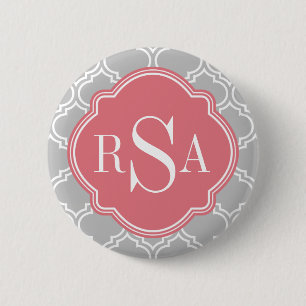 Macaron Rond 5 Cm Carreaux gris Motif Monogramme rose