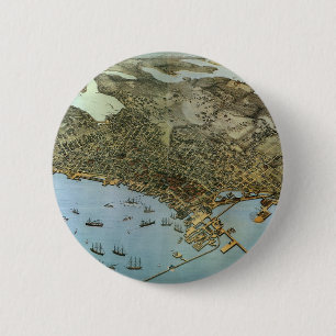 Macaron Rond 5 Cm Carte ancienne vue aérienne Ville de Seattle Washi