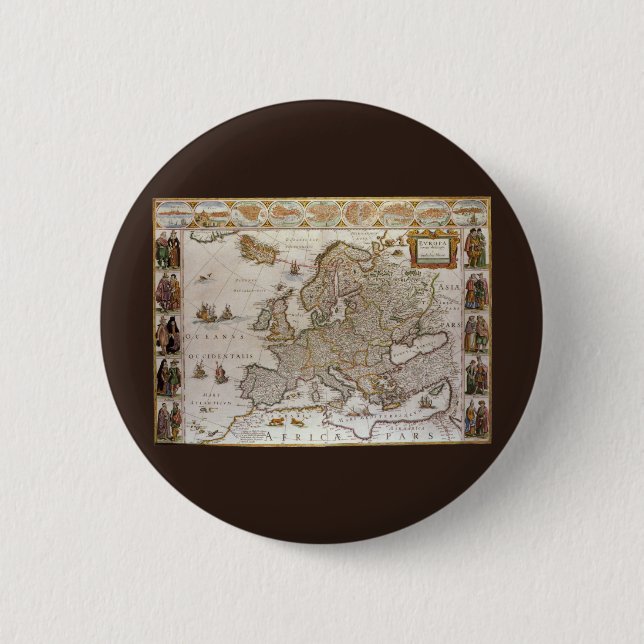 Macaron Rond 5 Cm Carte antique de l'Europe par Willem Jansz Blaeu,  (Devant)