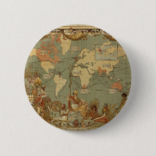 Macaron Rond 5 Cm Carte du monde Antique 1886 Illustré