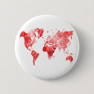 Macaron Rond 5 Cm Carte du monde en aquarelle Rouge