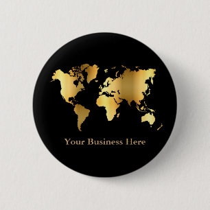 Macaron Rond 5 Cm Carte Mondiale Gold/Noir