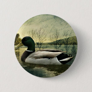 Macaron Rond 5 Cm Carte postale Patinée vintage Mallard Duck