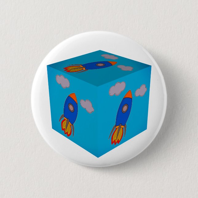 Macaron Rond 5 Cm Cartoon Space Rocket Flying Et Blue Sky Cube (Devant)