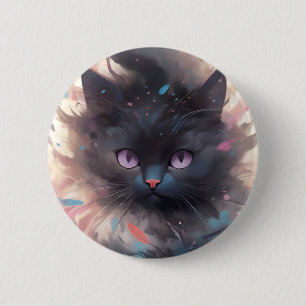 Macaron Rond 5 Cm Casquette noire mystique aquarelle   Cute chat