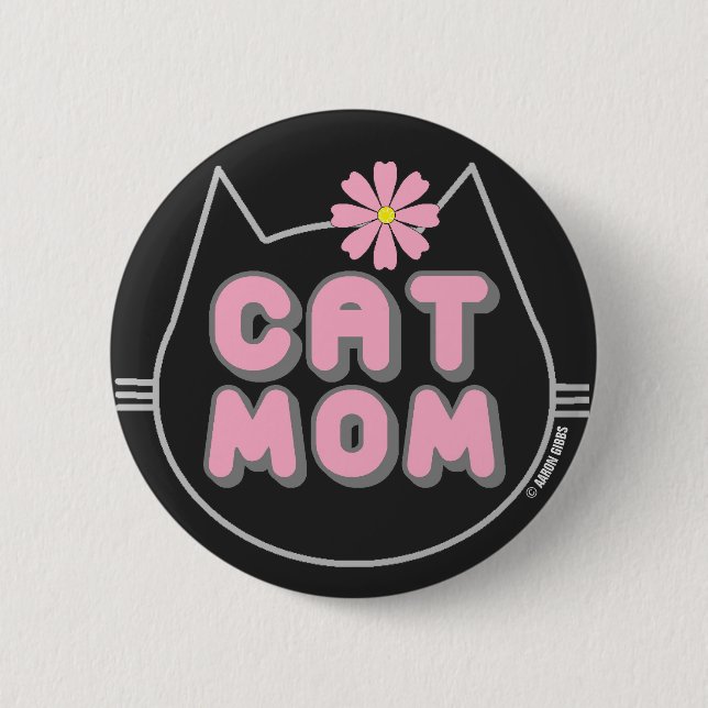 Macaron Rond 5 Cm CAT MOM avec bouton Fleur rose (Devant)