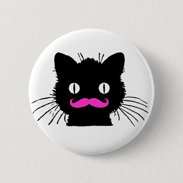 MACARON ROND 5 CM CAT NOIR DE MOUSTACHE ROSE DRÔLE (Devant)