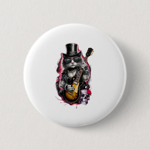 Macaron Rond 5 Cm Cat Playing Guitar Rock & Roll 80s 90s Rock Band C