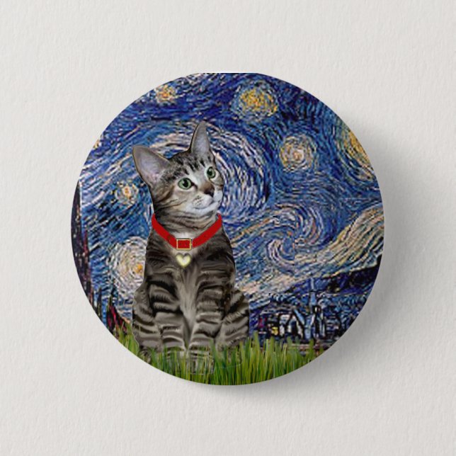 Macaron Rond 5 Cm CAT (Tabby2) - Nuit étoilée (Devant)