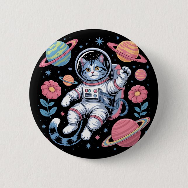 Macaron Rond 5 Cm Catstronaut cosmique dans Neon Space Vaporwave (Devant)