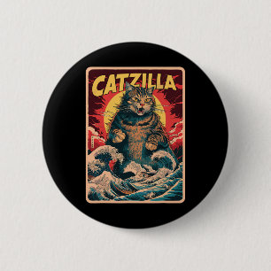 Macaron Rond 5 Cm Catzilla Art Japonais Chat Drôle Graphique Vintage