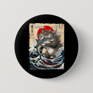 Macaron Rond 5 Cm Catzilla contre Meg Art de la Grande Vague japonai