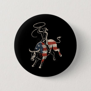 Macaron Rond 5 Cm Cavalier de taureau de rodéo américain Drapeau Usa