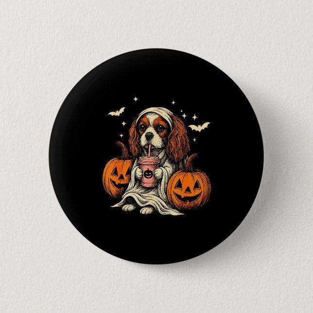 Macaron Rond 5 Cm Cavalier King Charles Spaniel Ghost Halloween Cava (Devant)